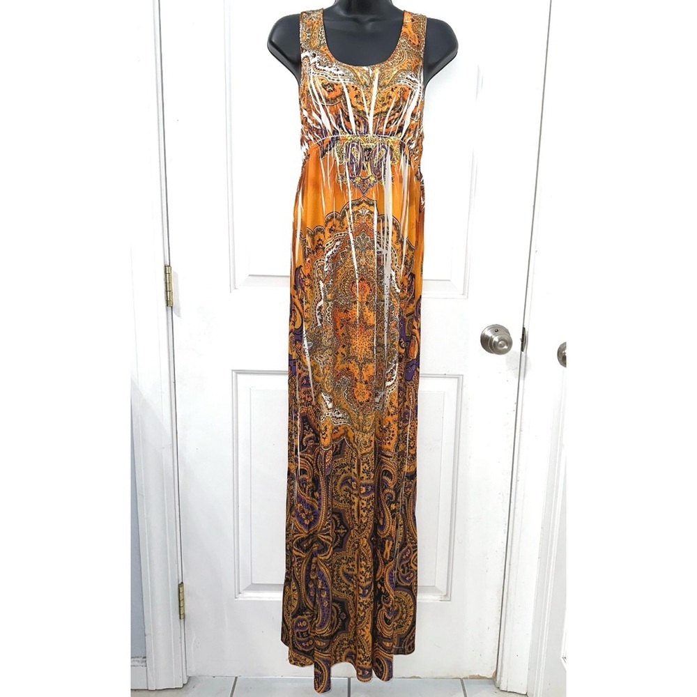 Ocean Breeze Vibrant Orange Multi rhinestone embellished maxi dress